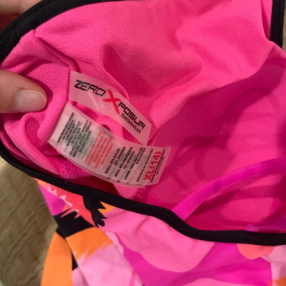 ZeroXposur Hot Pink and Black Women's Swim Top with Colorful Pattern